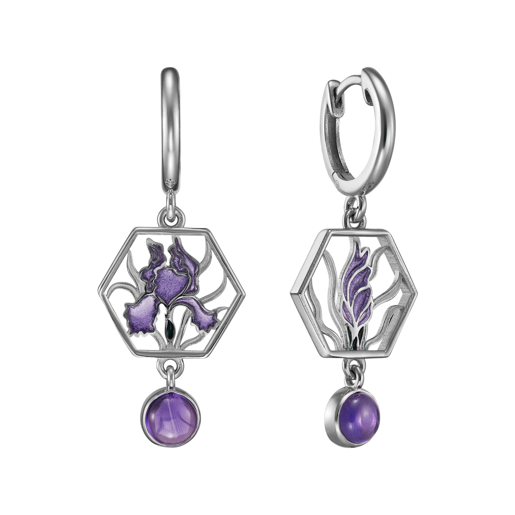 Серьги Ирисы с аметистом и горячей эмалью